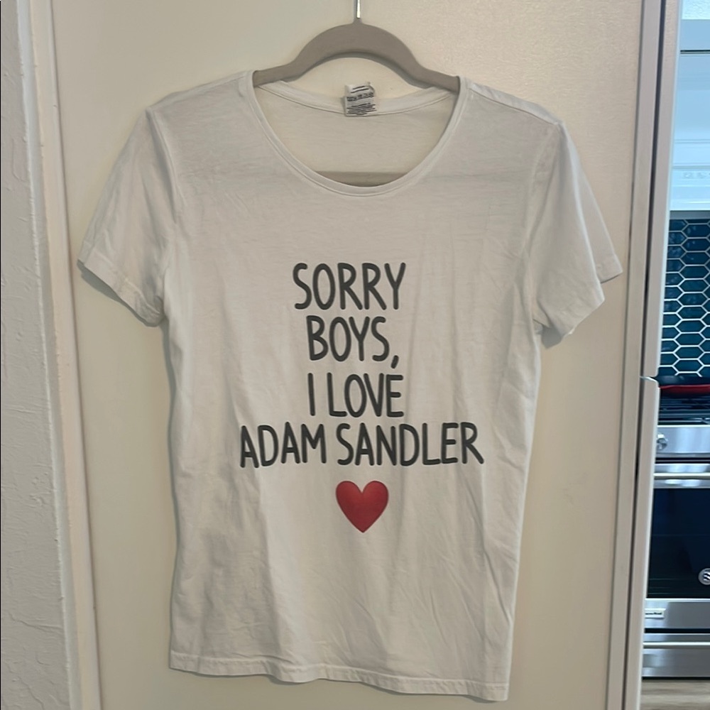 White Graphic Tee with Heart Print Sorry Boys, I Love Adam Sandler Tee | M
